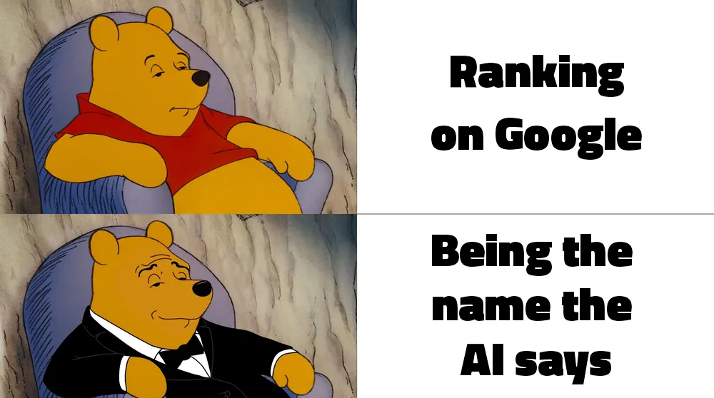 Tuxedo Winnie the Pooh meme: plain 'ranking on Google', fancy 'being the name the AI says'.